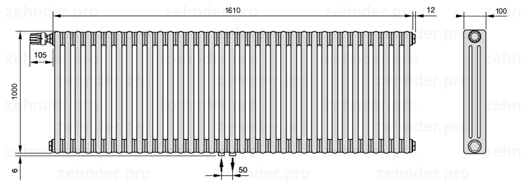 Схема (чертеж) Радиатор Zehnder Charleston 3100/35 №V007 Белый глянцевый RAL 9016